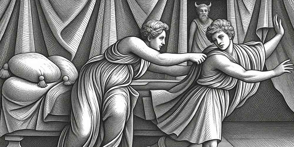 Joseph fleeing from Potiphar's wife.